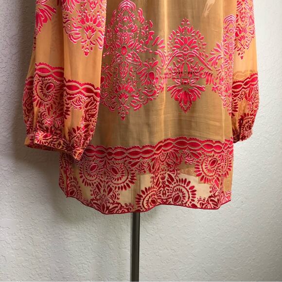 Hale Bob orange and pink sheer floral silk top size Large - Picture 10 of 16
